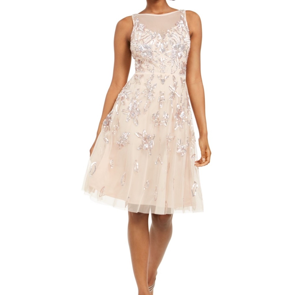 NWT Adrianna Papell Bead Tea Length Dress Sequined Illusion MIDI Sz 4